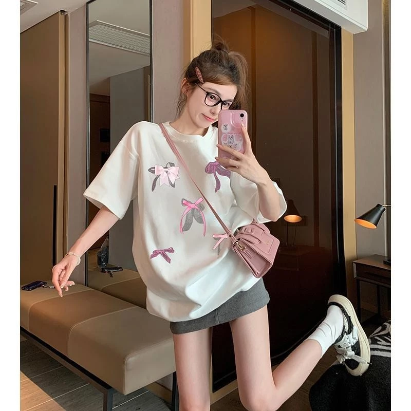 100% Cotton Nơ Trắng Dễ Thương Áo Thun Nữ Mùa Hè Nhỏ Ngọt Ngào Phù Hợp Cao Cấp Top i