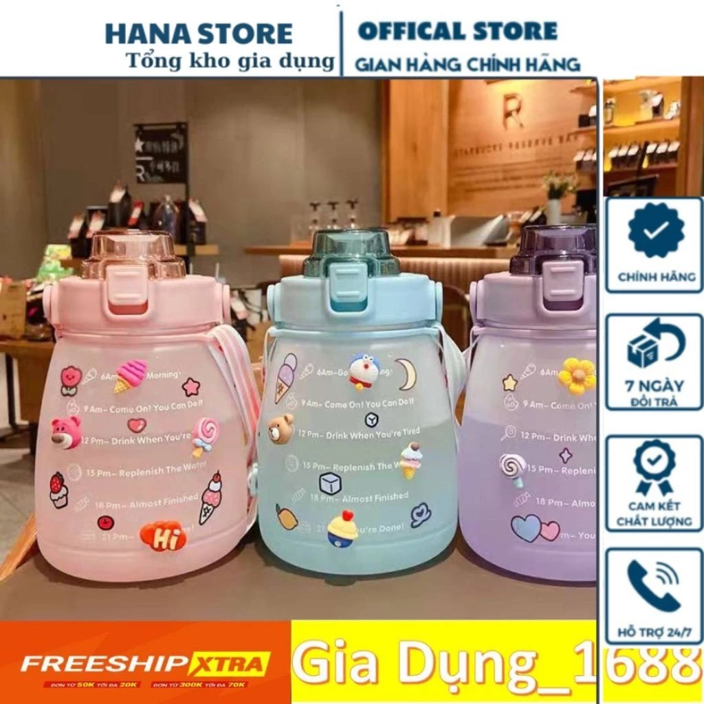 Bình Nước Nhựa Cao Cấp Dung Tích 1200ml Kèm Dây Đeo Cực Tiện Lợi Xinh Xắn Dễ Thương tặng kèm STICKER