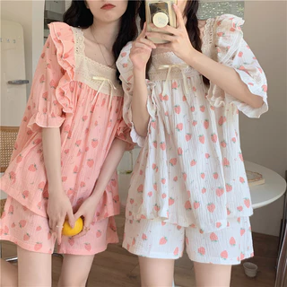 [SẴN]  BN119_ Bộ ngủ , pijama nữ ngắn tay quần short muslin dâu tây | Hàng quảng châu cao cấp