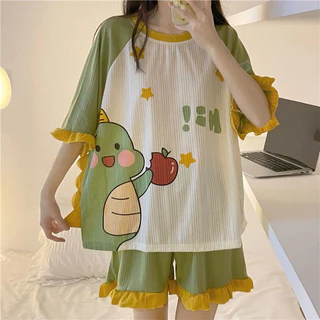 Hoạt Hình Cô Gái Mùa Hè Homewear Phù Hợp Với Bộ Đồ Ngủ Quần Short Tay Ngắn Dễ Thương Ren Khủng Long Phù Hợp Với