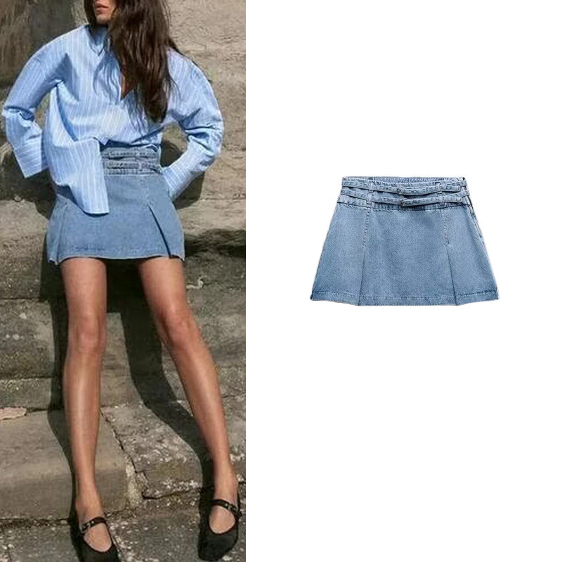 Zara Xuân Hè Phong Cách Mới Thường Ngày Phong Cách Retro Xếp Ly Với Thắt Lưng Váy Denim Váy Mini 6147067 427