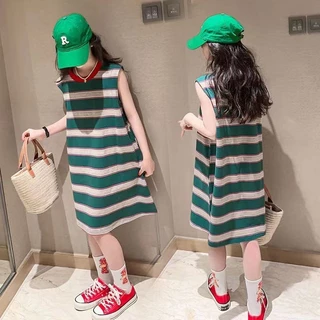 [Sản phẩm mới] Váy thun không tay cho bé gái Mùa hè Phong cách mới Thời trang Hàn Quốc Áo Vest dáng rộng sọc