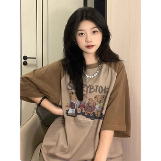 Áo thun Brown "gấu" in t-shirt tay ngắn có chèn  kiểu dáng hàng đầu ngọt ngào