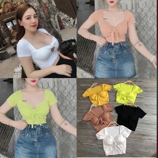 Áo croptop nữ kiểu thun gân len 4 chiều cột nơ tay ngắn dễ phối đồ Voi Women