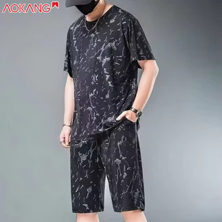 Bộ đồ lụa băng AOKONG Áo thun ngắn tay in hình mùa hè + quần short thể thao thông thường cỡ lớn quần áo nam dáng rộng