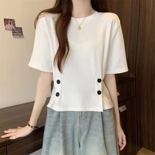 Áo thun trắng nữ Thiết kế mới Thời trang Slim Tops 2024 Mùa hè cổ tròn tay ngắn Tee Áo thun Hàn Quốc thông thường