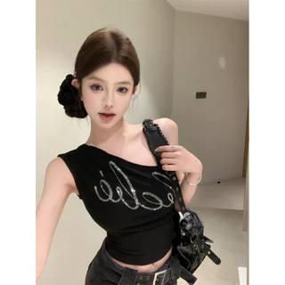 Gợi Cảm Bất Đối Xứng Off-the-Shoulder Top Tính Khí Chữ Nóng Kim Cương Áo Vest Không Tay