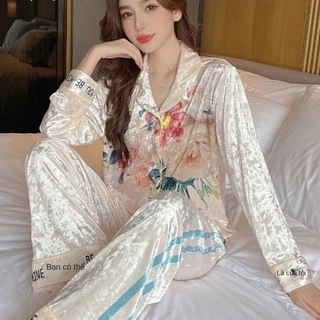 Bộ Đồ Ngủ Nhung Vàng Phong Cách Mới Influencer Bộ Đồ Ngủ Nữ Xuân Thu Đông Cao Cấp Nhung Vàng Dài Tay