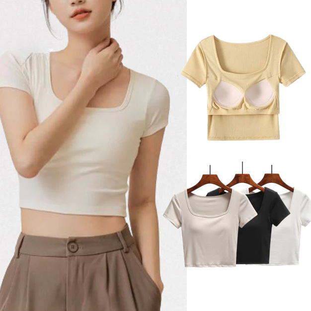 Áo ngực cổ vuông cao cấp dành cho nữ Áo thun có đệm hàng đầu Áo thun tay ngắn Crop Top