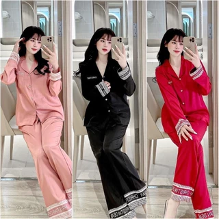 Bộ ngủ Pijama nữ viền chữ lụa gấm xước ánh kim tay dài quần dài  DD48