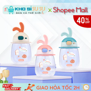 Bình nước 600ml hình tai thỏ có ống hút - Bình nước cho bé đi học tặng kèm dây đeo siêu chắc Hokori 0083