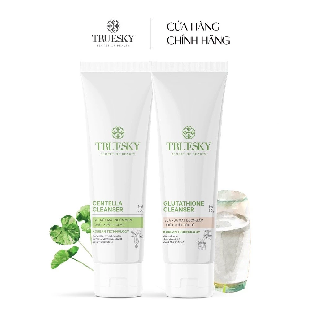 [COMBO] Dưỡng trắng và ngừa mụn da mặt Truesky gồm 1 gel rửa mặt rau má (50g) +1 sữa rửa mặt sữa dê (50g) - Skincare