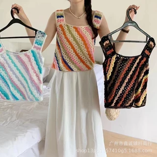 Pháp Retro Phong Cách Ngày Lễ Tương Phản Màu Sọc Camisole Nữ Niche Rỗng Ngắn Bên Ngoài Top