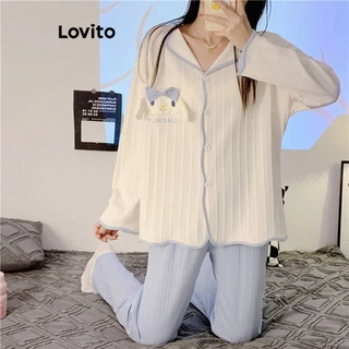 Bộ pijama Lovito in họa tiết hoạt hình phối viền tương phản đính nơ thường ngày cho nữ LNA24151 (màu hồng/xanh dương)