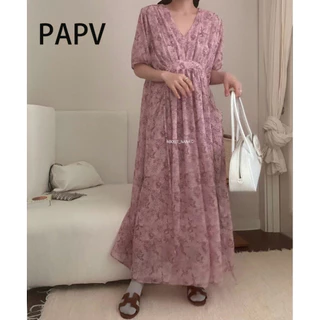 Bộ sưu tập thắt lưng xếp li cổ chữ V sang trọng Papv Váy hoa tay ngắn 2387