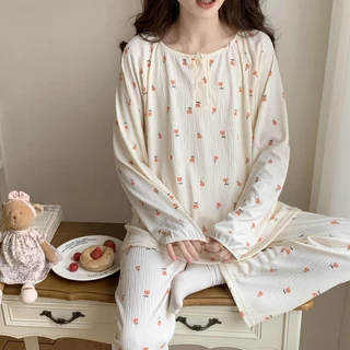 Pyjama Nữ Xuân Thu Giả Cotton Bong Bóng Nhăn Lưới Đỏ Cổ Tròn Phong Cách Đại Học Dài Tay Rời Và Ngọt Ngào Bộ Quần Áo Gia Đình