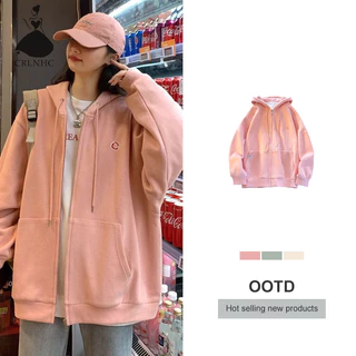 Áo Khoác Hoodie Tay Dài Dáng Rộng Thêu Chữ crlnhc Phối Khóa Kéo Thời Trang Mùa Thu Cho Nữ