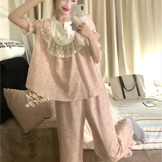 Nữ Mùa Hè Retro Phong Cách Cung Điện Cô Gái Ngọt Ngào Ren Hoa Viền Tay Ngắn Loungewear Bộ Đồ Ngủ