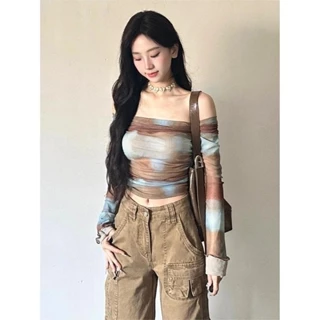 Yuewen Áo thun một vai nữ mùa xuân Slim-Fit Top Smudge Gradient rốn Crop Long @ -