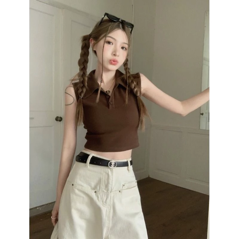 Nữ Mùa Hè Hot Girl Slim-fit Ngắn Ôm Hơn Nhìn Top Thiết Kế Retro Cổ Áo polo Áo Thun Không Tay