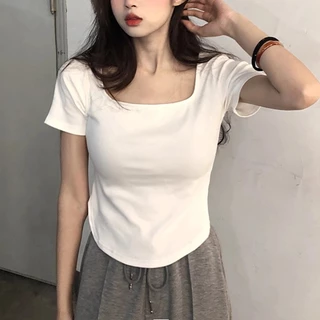 Áo thun cổ vuông nữ phiên bản Hàn Quốc hot girl thiết kế phong cách ôm vừa vặn Crop top