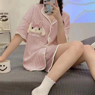 Bộ đồ ngủ hoạt hình dễ thương dành cho nữ, quần short ngắn tay mùa hè làm bằng sữa cotton và vải thun