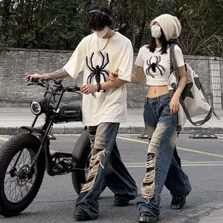 [Cagjb] Nhện In Nam Nữ Vintage Casual Mùa Hè Tee Ropa Y2k Áo YOMG