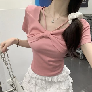 Pure Desire Hot Girl Sang Trọng Cổ Vuông Áo Thun Nữ Mùa Hè 2024 Phong Cách Mới Nơ Slim-fit Ôm Hơn Nhìn Top Hồng Áo Sơ Mi Nhỏ