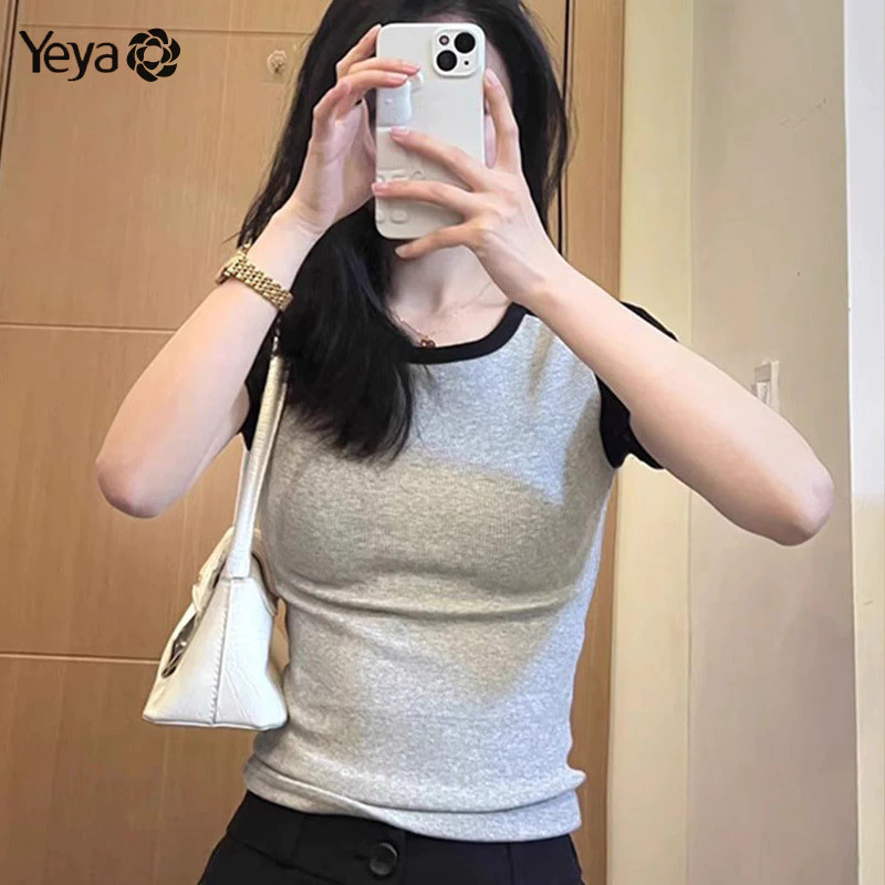 Áo thun nữ YEYA cotton nguyên chất vừa vặn co giãn ngắn tay phong cách Hàn Quốc áo thun tay raglan