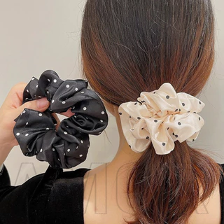 Scrunchie Đuôi Ngựa Cao - Phụ Kiện Tóc - Dây Buộc Tóc Ruột Lớn Chấm - Dành Cho Bé Gái Nữ - Phong Cách INS Hàn Quốc, Ngọt Ngào - Vòng Tròn Tóc Satin Trắng Đen