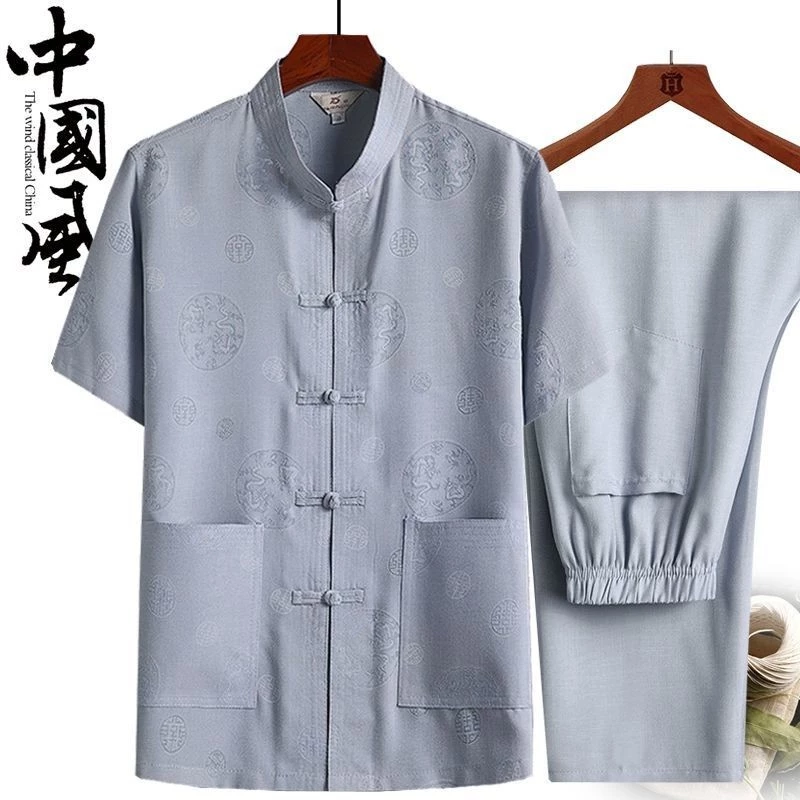 T Đường Phù Hợp Với Nam Trung Niên Người Cao Tuổi Hanfu Phong Cách Trung Hoa Áo Sơ Mi Tay Ngắn Phù Hợp Với Ông Nội Mùa Hè Retro Bố Phù Hợp Với