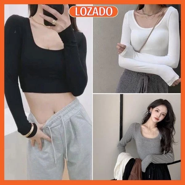 Áo len tăm dài tay nữ LOZADO áo kiểu nữ cổ U dáng croptop oom body - A216