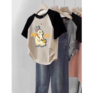 Áo thun ngắn tay in hình thỏ hoạt hình 100% cotton xếp ly phiên bản Hàn Quốc dành cho nữ