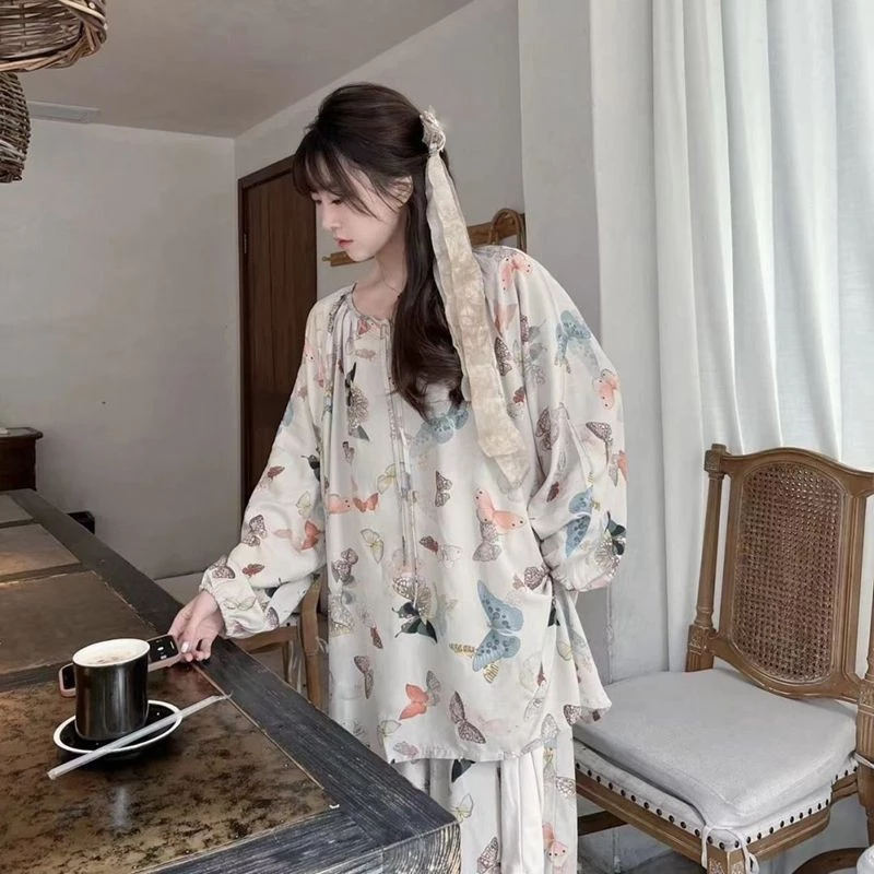 Phong Cách Mới Xuân Hè Thu Đông Cotton Bộ Đồ Ngủ Lụa Nữ Dài Tay Siêu Mỏng Quần Phù Hợp Với Cực Dài Phong Cách Trung Hoa Homewear