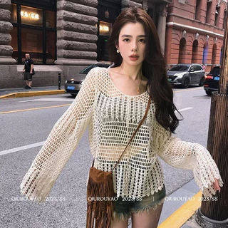 Dệt Kim Top Ins Phong Cách Bohemian Rỗng Trong Suốt Da Chống Nắng Áo Mùa Hè Mặc Rời Ôm Hơn Nhìn Ngắn 10828