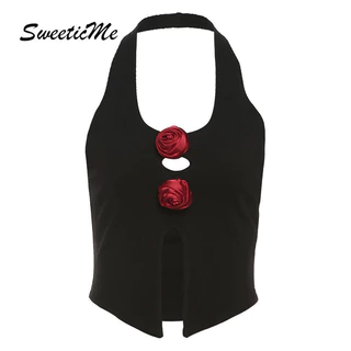 Sweeticme Nữ 2024 Thời Trang Mới Màu Sắc Tương Phản Dây Hoa Gợi Cảm Rỗng Xe Tăng Áo Camisole