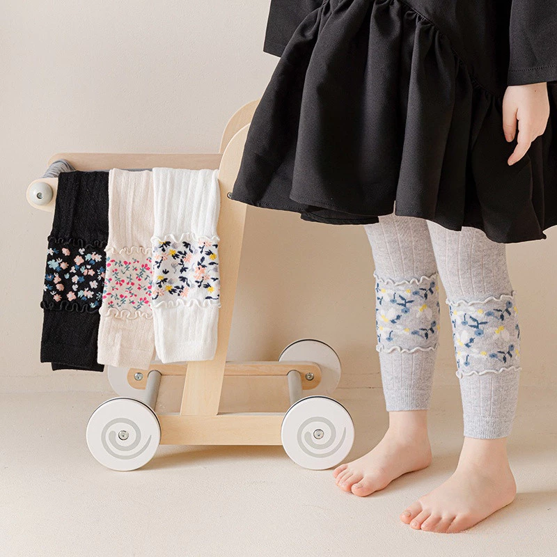 Quần legging dệt kim chín điểm cho bé gái, Quần crop crop Cuff in hoa, Hoa ngọt ngào Jacquard Vỏ sò, Quần legging Cotton co giãn mềm cho bé gái 0-4 tuổi