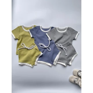 Quần Short viền cổ tròn + Quần Short Cotton sọc ngắn tay Chất liệu nam nữ Bộ đồ bé phong cách mùa hè Bộ quần Short sảng khoái YDZT