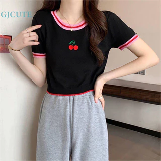 Gjcute Mùa Hè Hàn Quốc Họa Tiết Anh Đào Đan Áo Thun Nữ Cổ Tròn Tay Ngắn Ôm Crop Top WTD