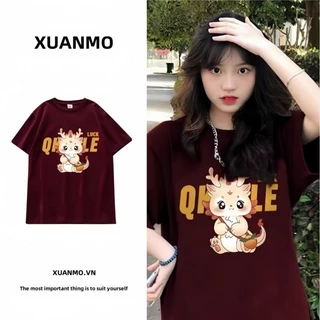 XUANMO Local brand áo thun phông form rộng 100% cotton BIG SIZE Áo Thun Phông Nữ Mùa Hè 2024 Phong Cách Mới Burgundy Mặt Trước In Hình Rời Tay Ngắn Top