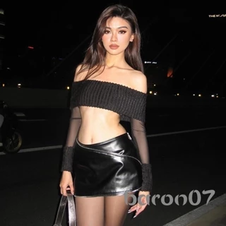 Phụ Nữ Crop Off-Shoulder Đan Áo Lưới Chắp Vá Mùa Hè Áo Sơ Mi Dài Tay Áo Chui Đầu Cho Câu Lạc Bộ Dạo Phố