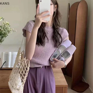 Áo thun dệt kim cổ tròn màu trơn mùa hè Kans Áo thun nữ cổ tròn tay bay Crop Top vn