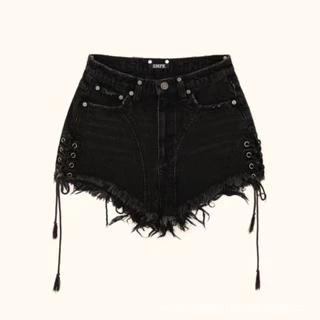 LSXF SMFK Rock High Waist Denim Shorts Frayed Adjustable Drawstring All-Match Mid-High Waist Women's Pants24Spring New