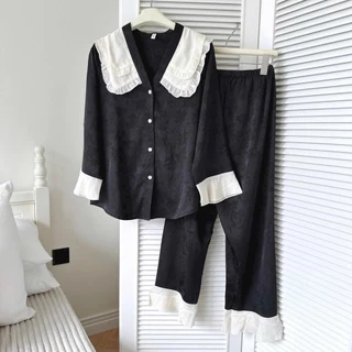 N51 pijama tiểu thư cho nữ  bèo lụa vân gấm- Bộ ngủ mặc nhà hàng quảng châu cao cấp