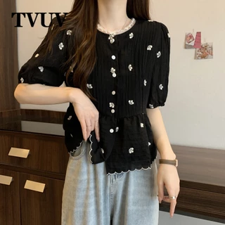 Tvuv Plus Size Thêu Xù Edge Puff Tay Áo Sơ Mi Giải Trí 7936