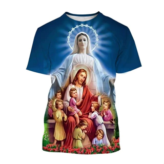 Bán Cơ Đốc Giáo Mẹ Thiên Chúa Đức Trinh Nữ Maria 3D In Áo Thun Chúa Giêsu Cross God Cross Jesus Loves All Christian Unisex Casual Top