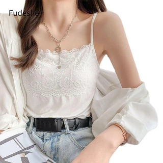 Fudeshe Tank Top Hai Dây Viền Ren Màu Trơn