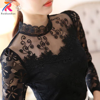 Áo Sơ Mi Ruidian Cho Nữ Plus Size 5XL Thời Trang Thường Ngày Áo Hoa Ren Áo Mùa Hè Mùa Thu Áo Sơ Mi Phong Cách Hàn Quốc Rỗng Dài Tay Áo Nữ