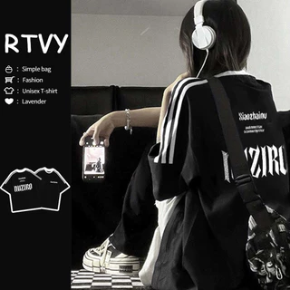 「RTVY」Đen Trắng Tương Phản Ba Thanh Tay Ngắn Áo Mùa Hè Oversize Chữ In Rời Lắp Nữ Top