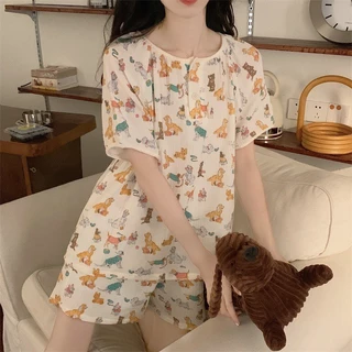 Cổ Tròn Hoạt Hình Hoa Ngọt Ngào Vải Lanh Cotton Ngắn Tay Bộ Đồ Ngủ Loungewear Phù Hợp Với